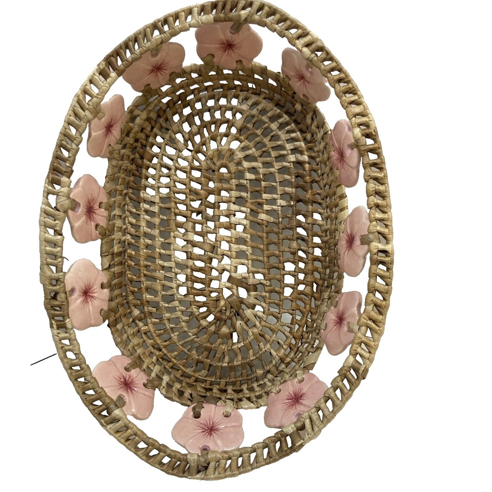 Rare Vintage Woven‎ Raffia Market With Porcelain Hibiscus Flower Adornment 11'